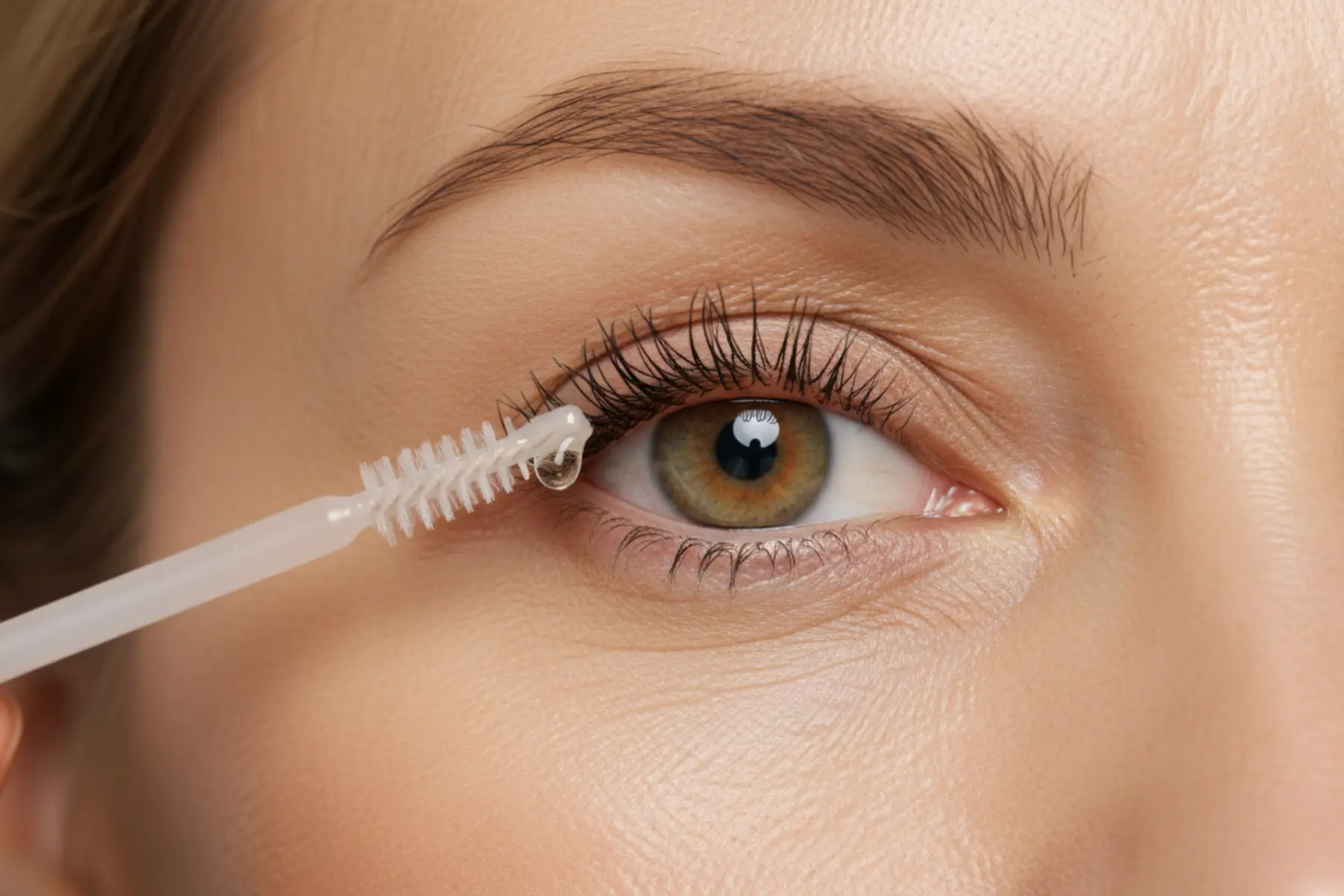Les bienfaits de l’huile de ricin pour une peau mature et un regard reposé 1 Femme d’une cinquantaine d’années appliquant une goutte d’huile de ricin sur ses cils avec une brosse
