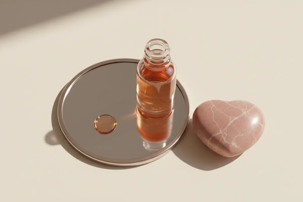 Une routine beauté naturelle après 40 ans : ce qui marche vraiment 4 Nature morte avec petit miroir rond, flacon d’huile de rose musquée et pierre de jaspe rose posée à côté.