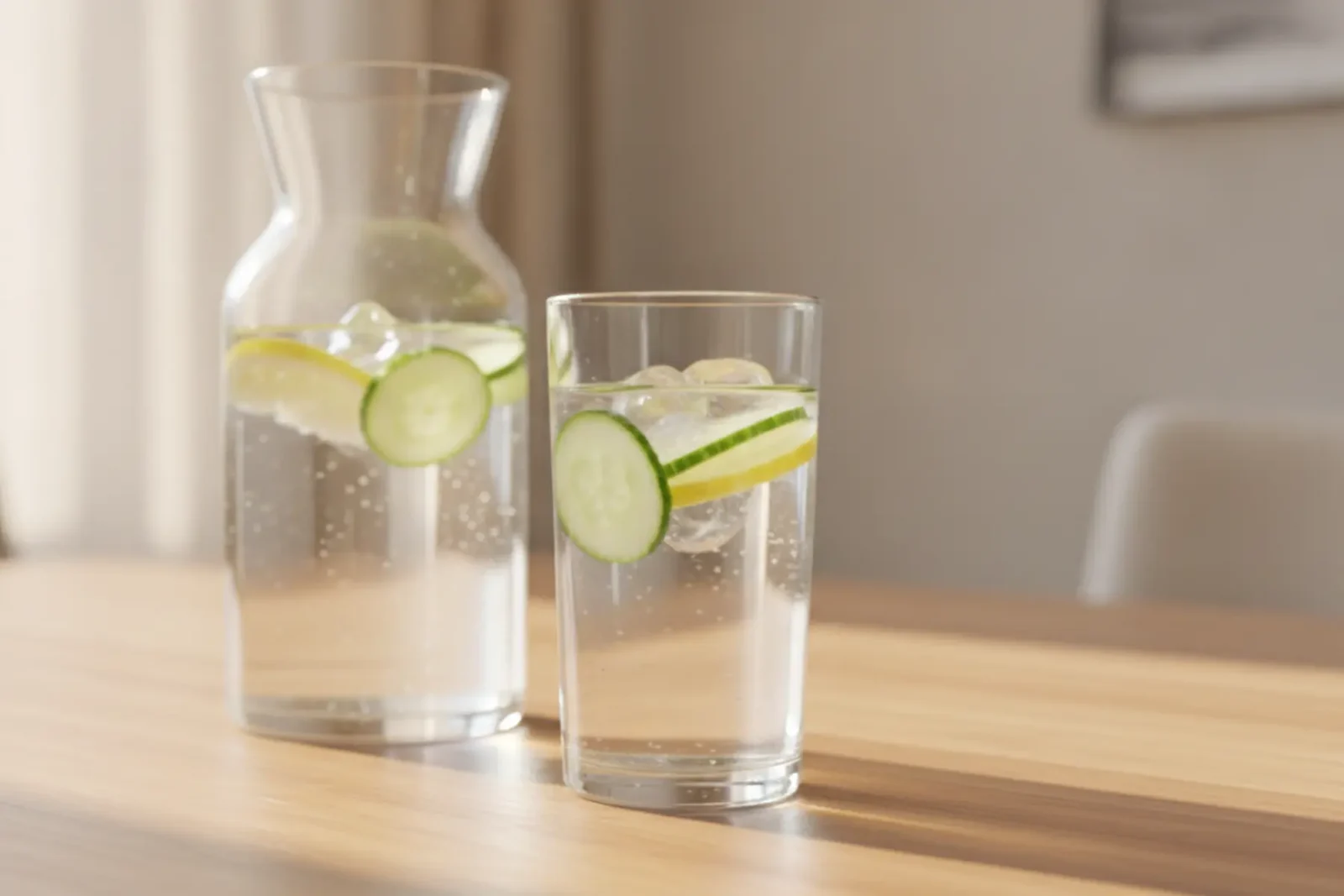 Pourquoi l’hydratation naturelle est le secret d’une maturité sereine après 40 ans 3 Verre d'eau infusée avec des tranches de concombre et de citron, posé sur une table en bois, pour une hydratation de l'intérieur.