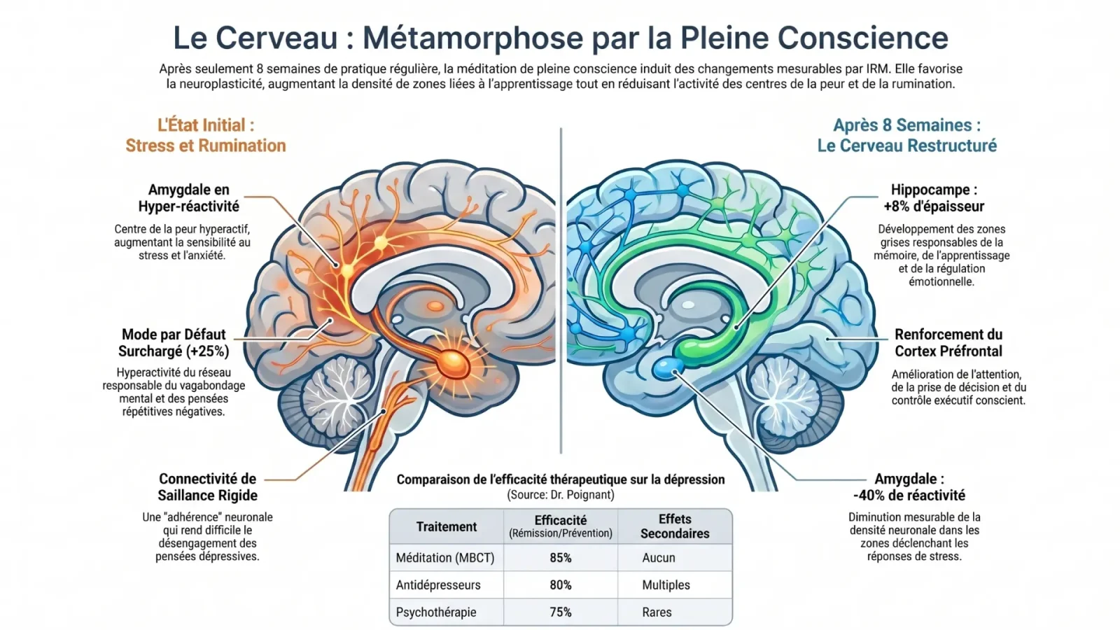 Infographie comparant un cerveau stressé et un cerveau après 8 semaines de méditation : réduction de l'amygdale, renforcement du cortex préfrontal et de l'hippocampe.
