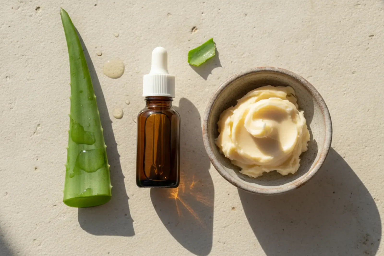 Pourquoi l’hydratation naturelle est le secret d’une maturité sereine après 40 ans 2 Aloe vera frais, beurre de karité brut et huile de jojoba dans un flacon en verre ambré, disposés sur une pierre blanche pour une hydratation naturelle.