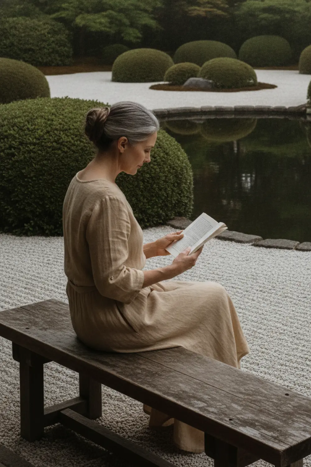 Plan large d'un jardin japonais avec une femme lisant un livre sur un banc.