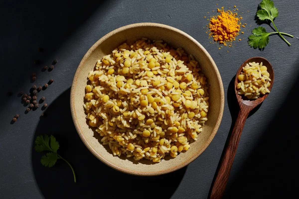 Bol de kitchari (riz basmati et lentilles mung) posé sur une table en ardoise, épices et coriandre fraîche.