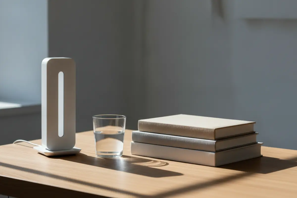 Luminothérapie : le protocole pour dissiper la fatigue hivernale 3 Lampe de luminothérapie blanche posée sur un bureau en bois clair, à côté d’une pile de livres et d’un verre d’eau.