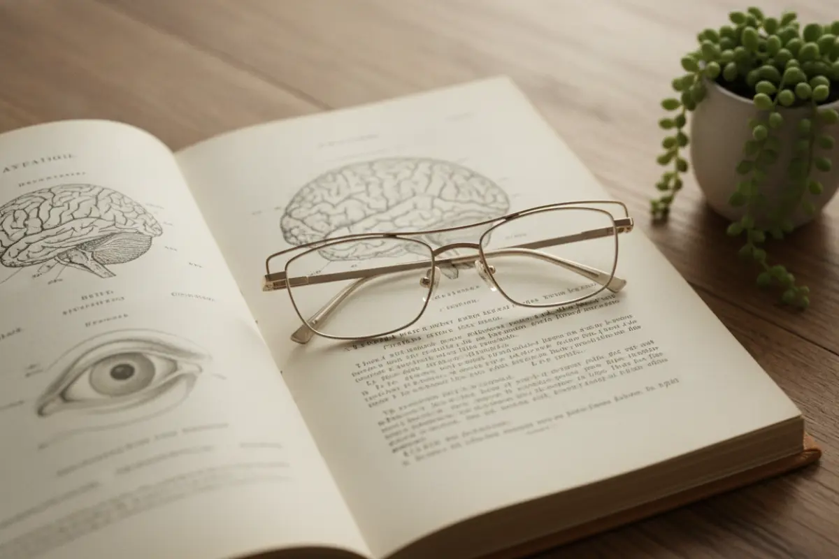 Une paire de lunettes posée sur un livre d'anatomie ouvert avec une plante verte.