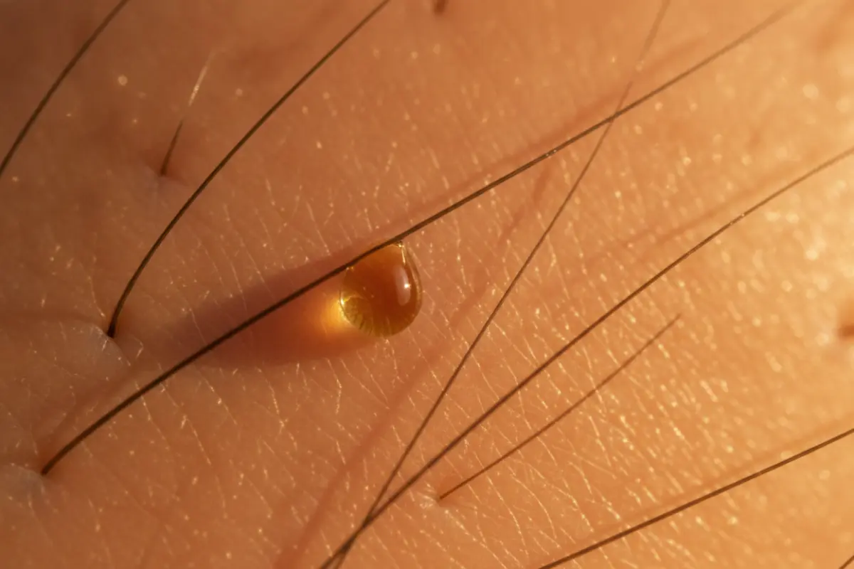 Irritation du cuir chevelu après 40 ans : les vraies causes et les gestes qui changent tout 2 Gros plan macro d’un cuir chevelu sain avec une goutte d’huile végétale dorée, lumière rasante révélant les pores et follicules.