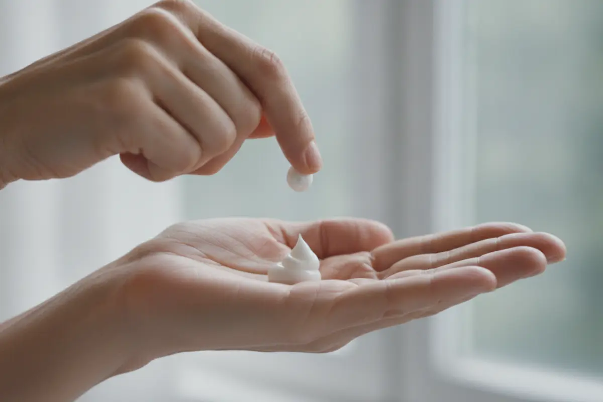 L’excellence cutanée au milieu de la vie : l’art de choisir sa crème entre science et pureté 3 Mains de femme d’une quarantaine d’années tenant une noisette de crème anti-âge au-dessus de son autre main.
