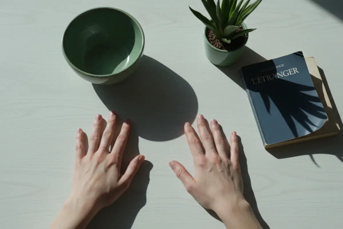Mains de femme posées sur une table en bois entourées d'un bol céramique, plante verte et livre ouvert