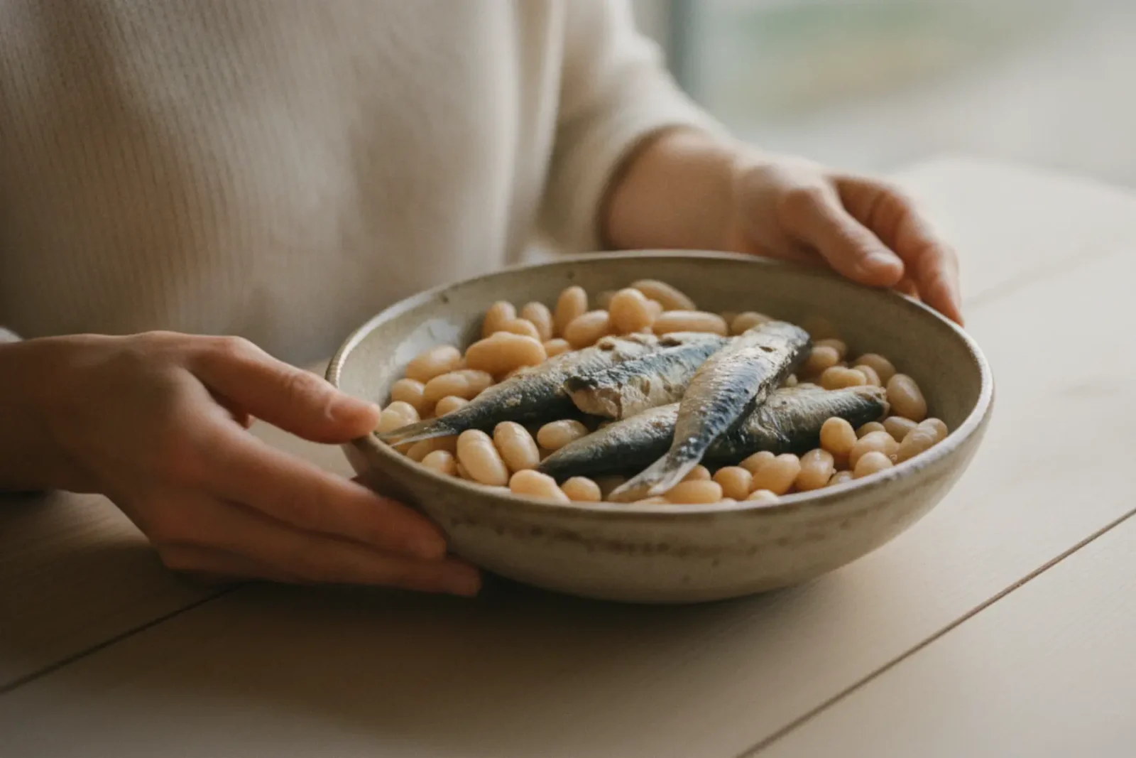 Le plein de nutriments. Mains tenant une assiette de haricots blancs et de sardines.