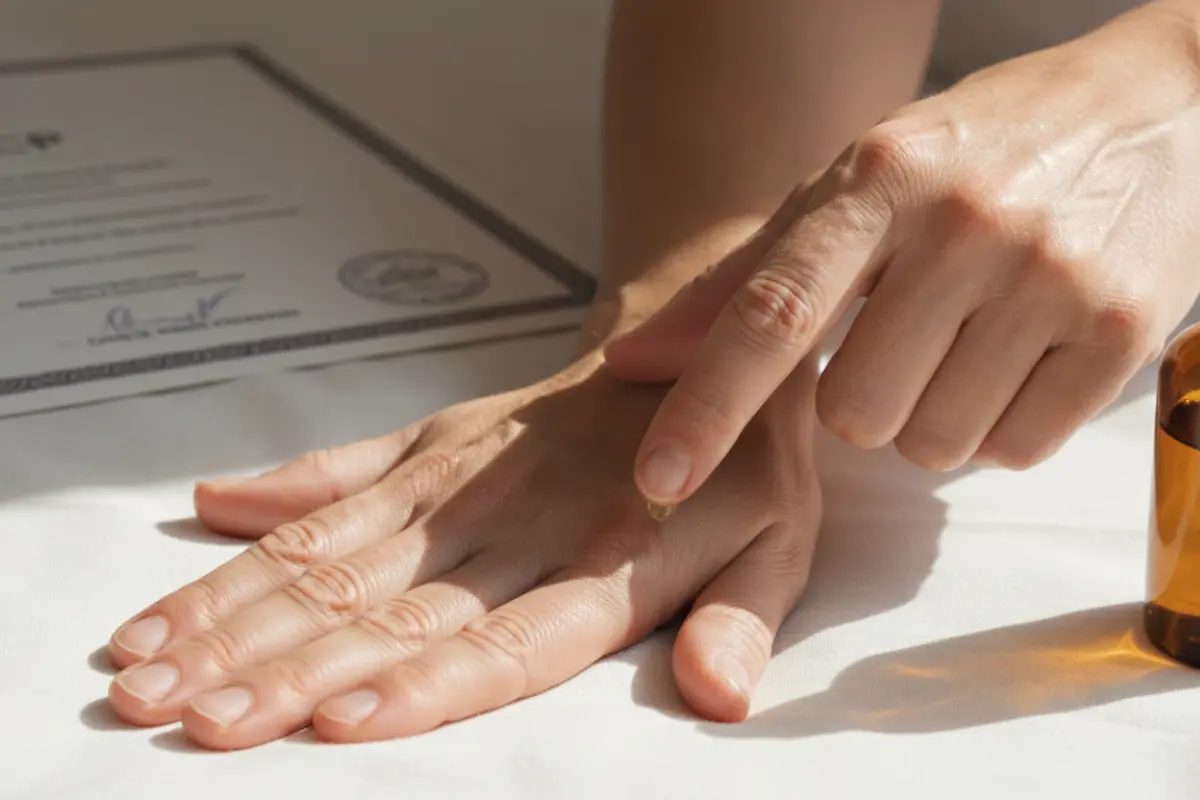 Mains de praticien posées sur un drap blanc, huile végétale en verre ambré et certificat RNCP visible à l’arrière-plan.