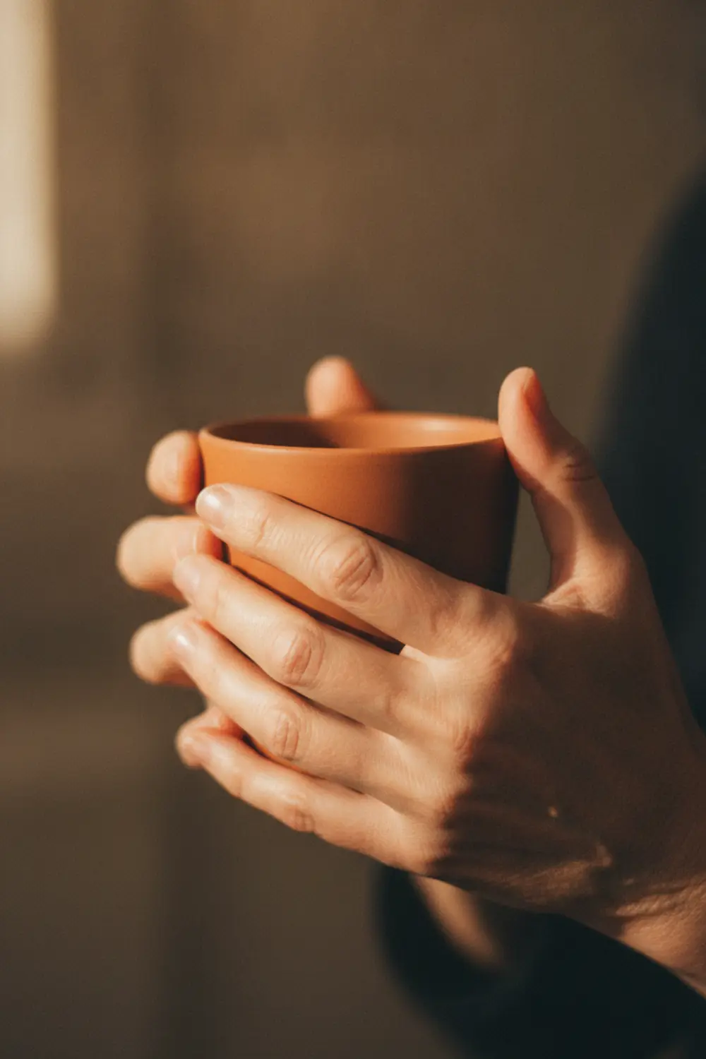 Obtenez un beau regard après 40 ans avec les bons gestes. 4 Mains de femme de 50 ans tenant un mug, lumière rasante dorée, fond flou naturel, ambiance slow living