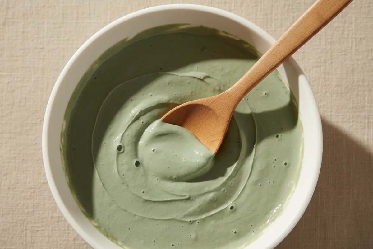 Une routine beauté naturelle après 40 ans : ce qui marche vraiment 2 Vue plongeante d’une coupelle en céramique blanche contenant un masque d’argile verte frais, avec une petite cuillère en bois.