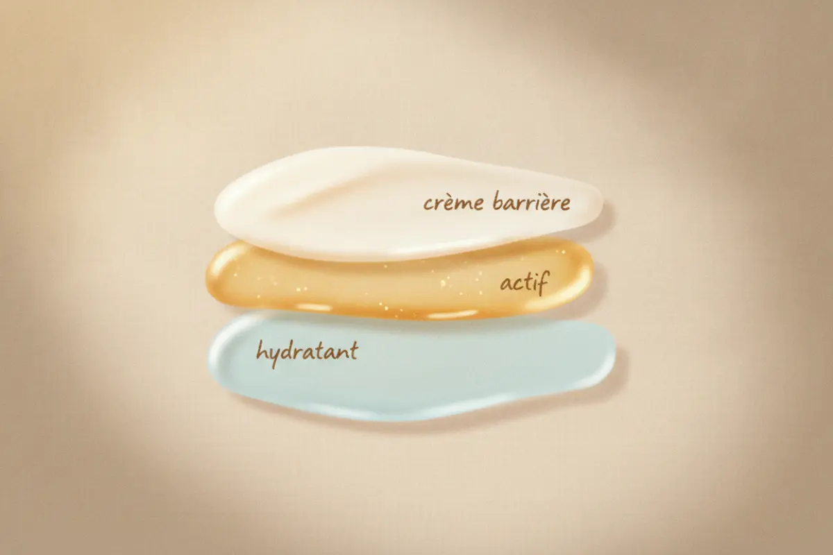 Illustration méthode sandwich hydratant bleu actif or crème barrière ivoire soin peau mature
