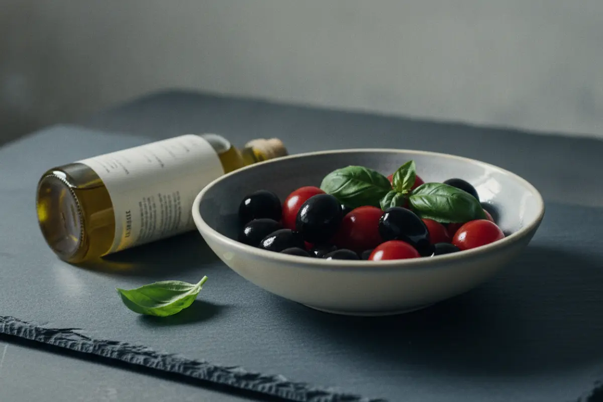 Multivitamines : danger ou utilité ? On fait le point sur ce qui est vraiment nécessaire. 2 Nature morte élégante avec un bol d’olives et tomates cerise, une bouteille d’huile d’olive, illustrant les sources naturelles de vitamines.