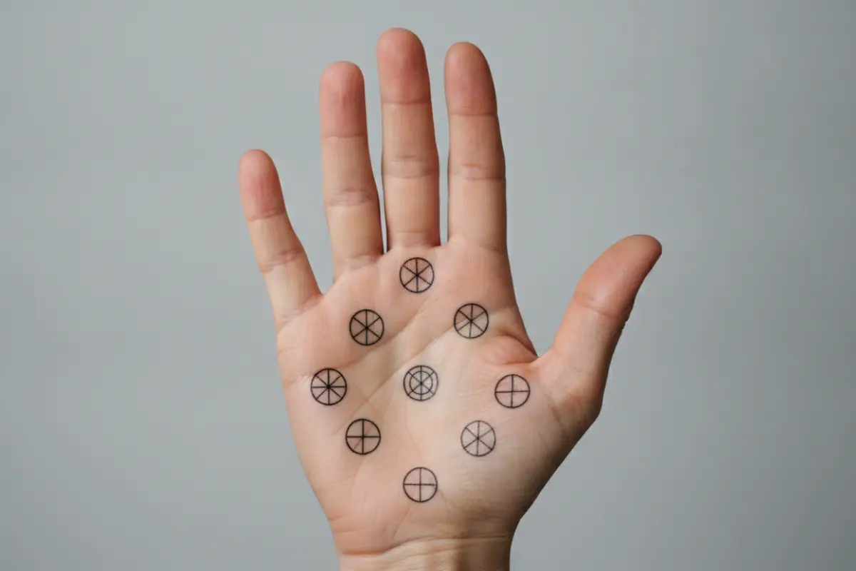 Main de femme avec neuf cercles dessinés représentant les centres du Human Design, style graphique précis.