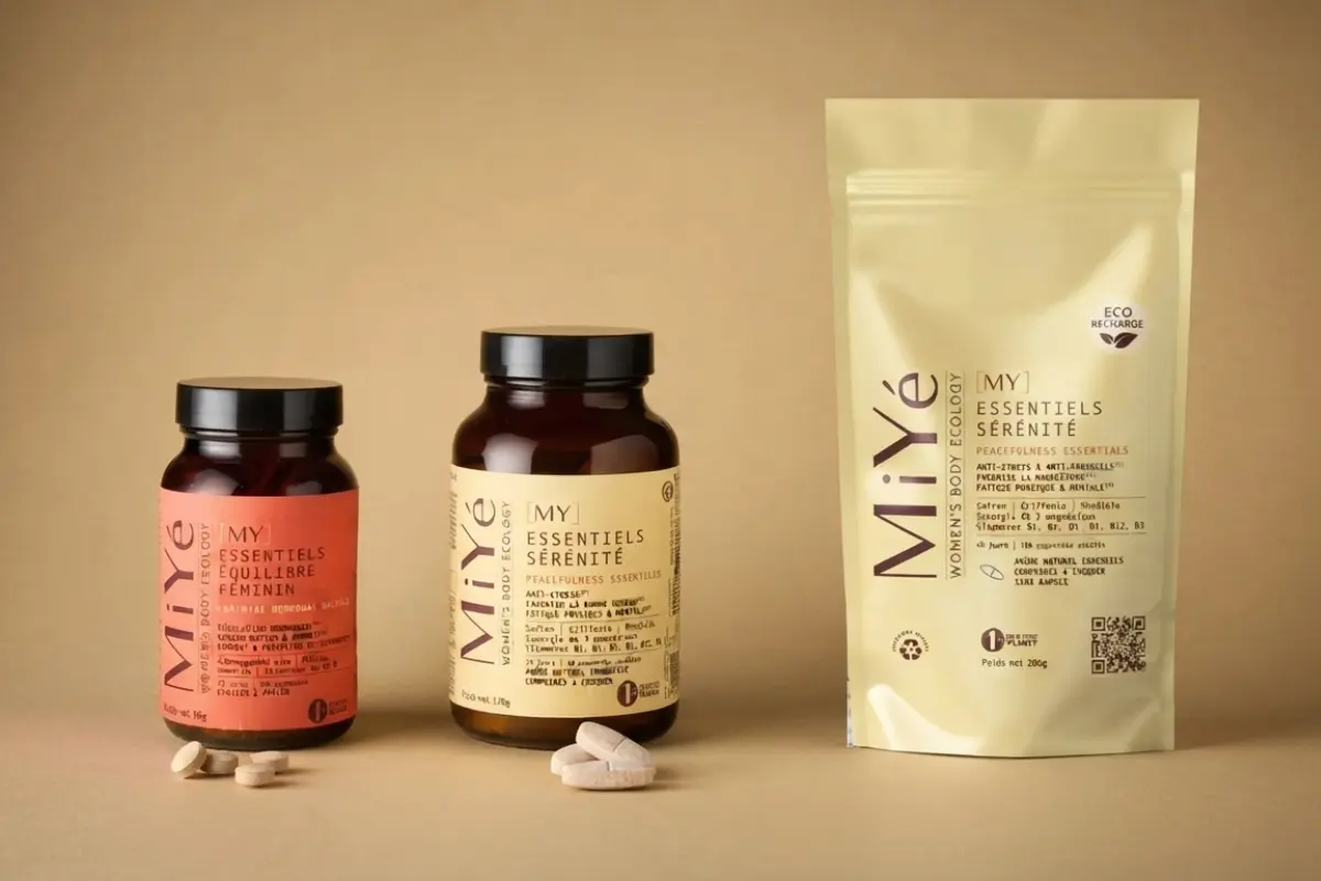 Gamme de compléments alimentaires MiYé avec les flacons Essentiels Équilibre Féminin, Sérénité et une éco-recharge sur fond beige.