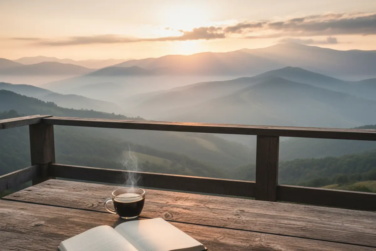 Slow living : pourquoi ralentir préserve votre santé après 40 ans 5 Paysage de montagne brumeux au lever du jour, lumière rose et or, calme et slow tourisme