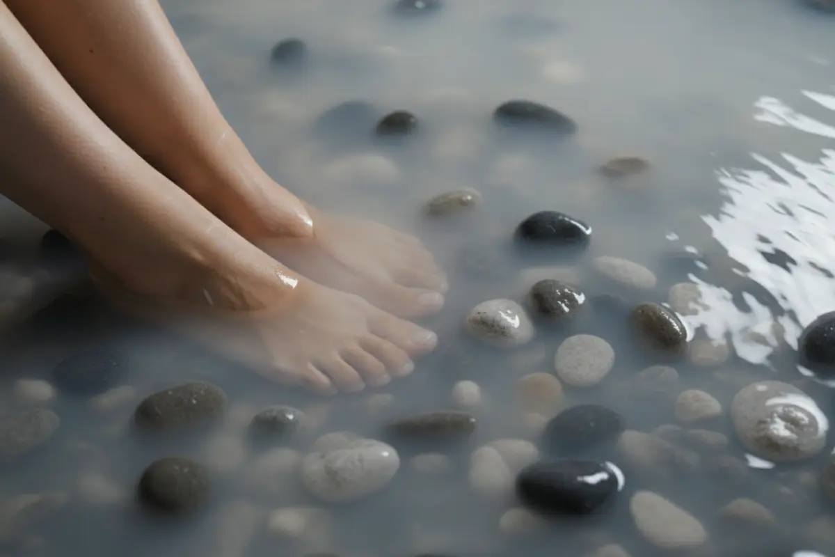Gros plan sur des pieds féminins dans une eau thermale trouble avec des galets.