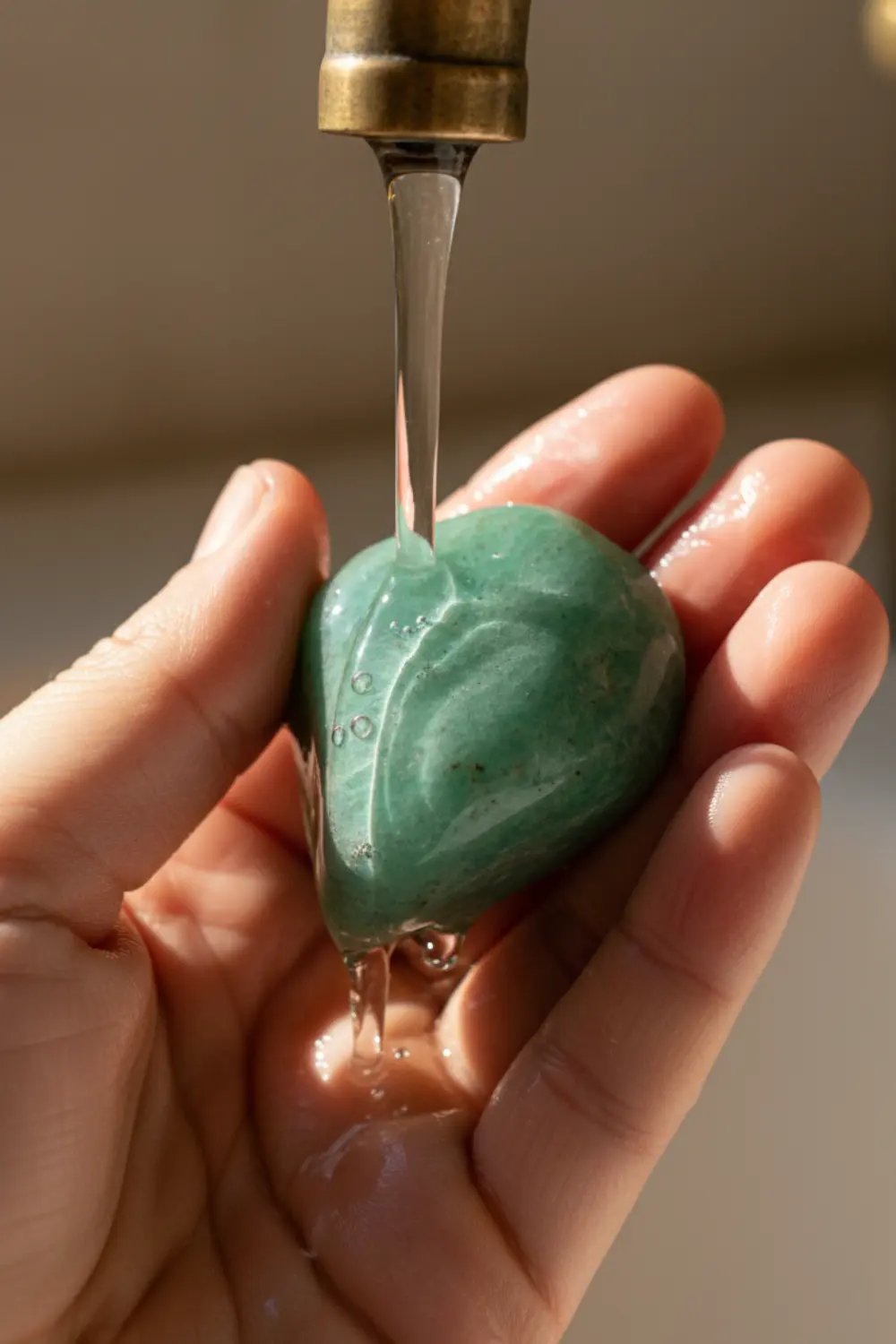 Nettoyage d'une pierre d'aventurine sous un filet d'eau naturelle en lithothérapie