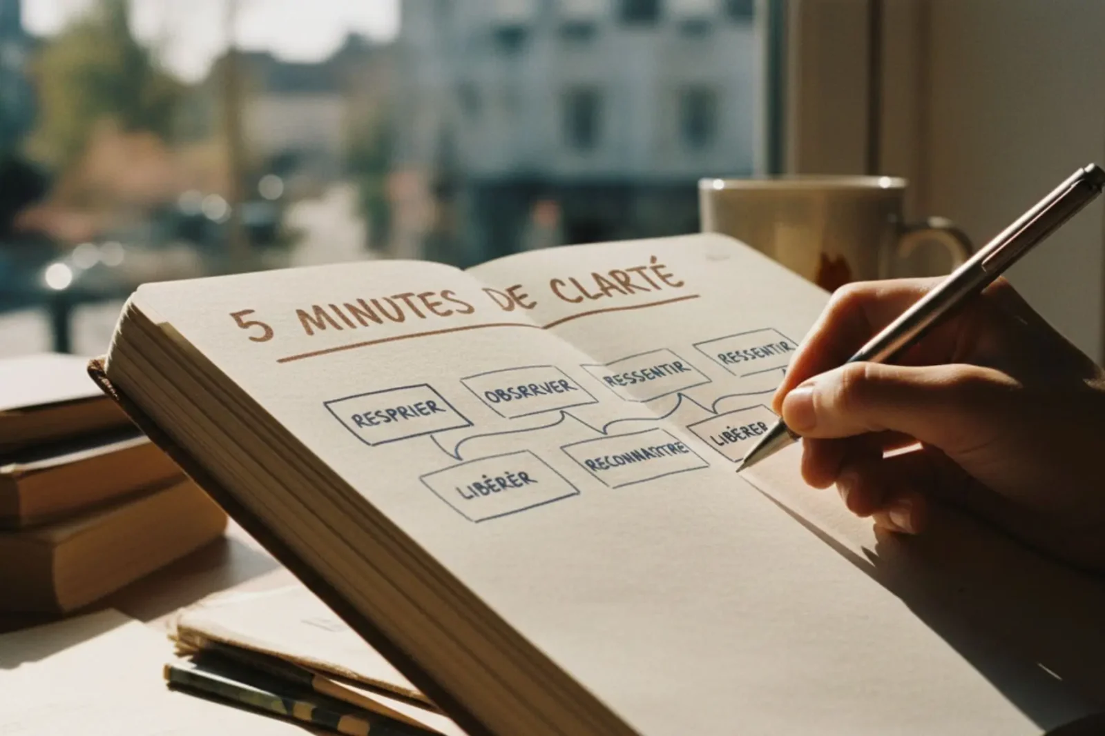 Planning visuel stylisé et manuscrit dans un carnet en papier recyclé, intitulé "5 Minutes de Clarté", montrant 5 étapes simples de pleine conscience. Éclairage chaud et naturel.