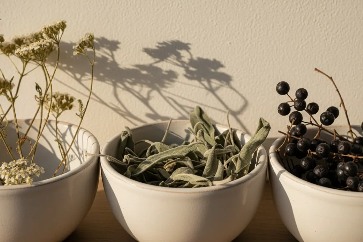 Les bienfaits de la naturopathie après 40 ans pour rester en pleine forme 2 Plan rapproché de plantes séchées (achillée, sauge, gattilier) dans des coupelles blanches, lumière rasante