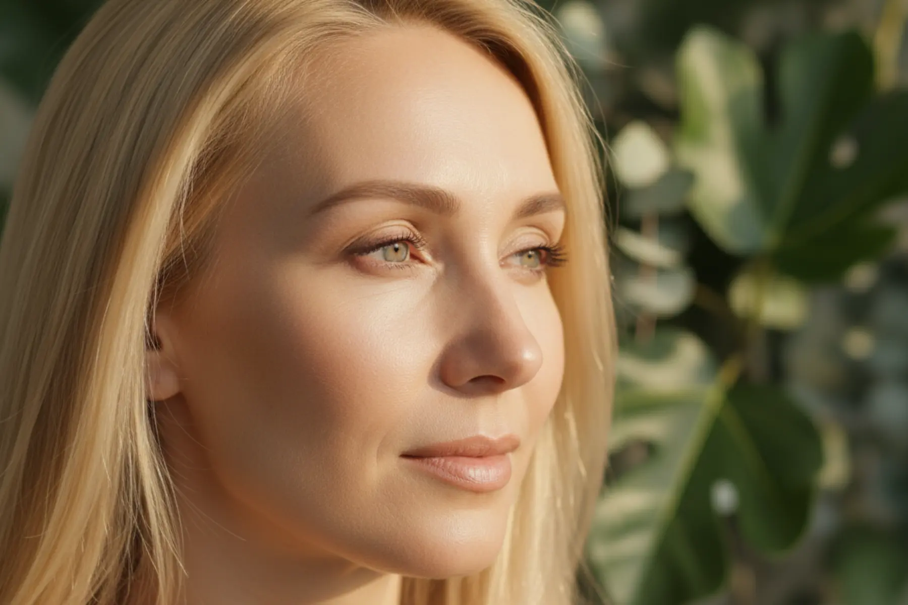 Femme blonde de 40 ans, plan rapproché visage trois quarts, lumière dorée, soins esthétiques beauté naturelle magazine.