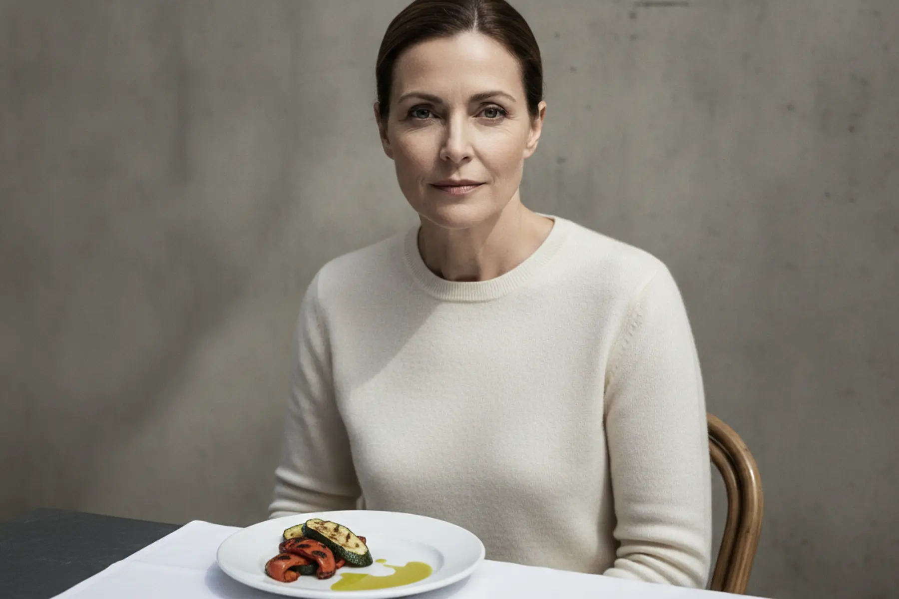 Multivitamines : danger ou utilité ? On fait le point sur ce qui est vraiment nécessaire. 1 Portrait d’une femme de 50 ans à la terrasse d’un café, assise devant une assiette méditerranéenne, prête à adopter une supplémentation raisonnée en vitamines.