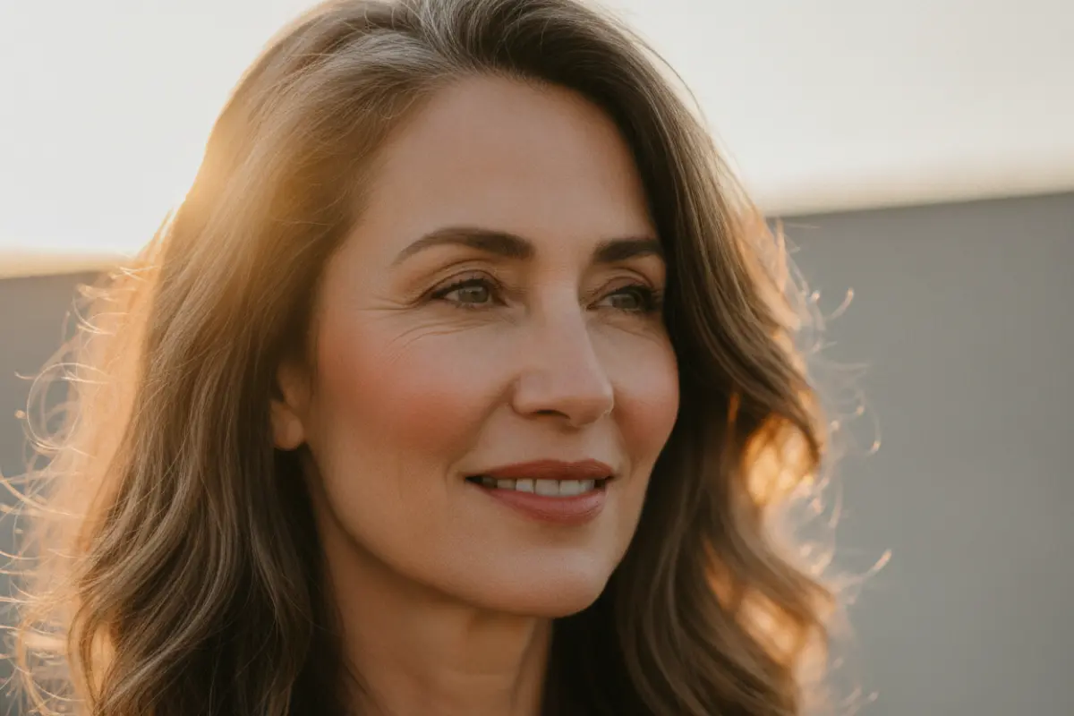 L’excellence cutanée au milieu de la vie : l’art de choisir sa crème entre science et pureté 4 Portrait souriant d’une femme de 52 ans, cheveux libres, regardant au loin, éclairée par un soleil ras.