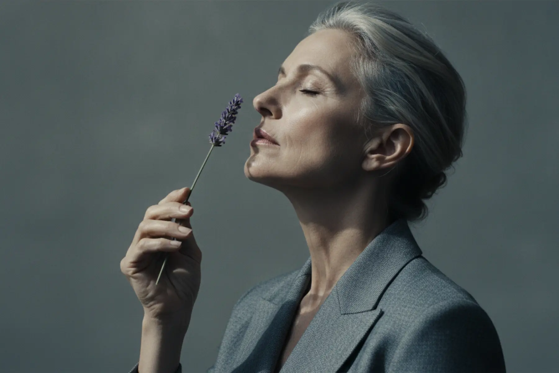 Portrait d'une femme la cinquantaine, les yeux fermés, inspirant une fleur de lavande dans un style éditorial sophistiqué pour évoquer le bien-être.