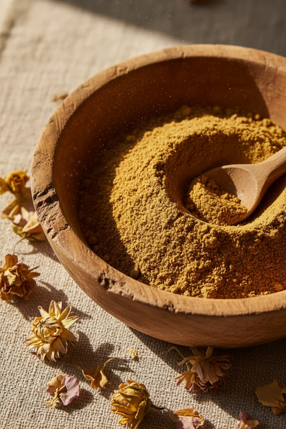 Médecine ayurvédique : comment traverser la périménopause en douceur 2 Bol en bois contenant de la poudre d’ashwagandha, une petite cuillère en bois et des fleurs séchées, lumière dorée rasante.