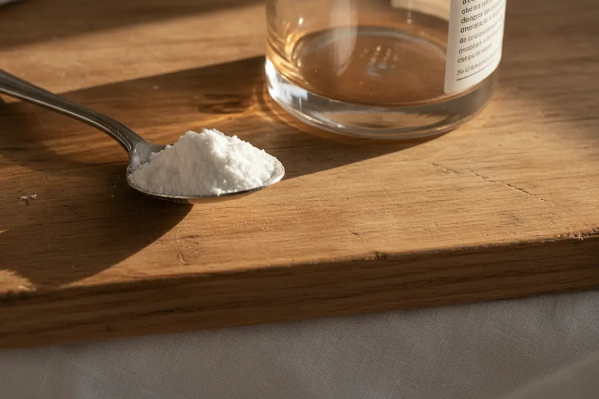 Pourquoi prendre du collagène après 40 ans ? 3 Cuillère avec poudre de collagène blanc et pot en verre transparent sur fond bois