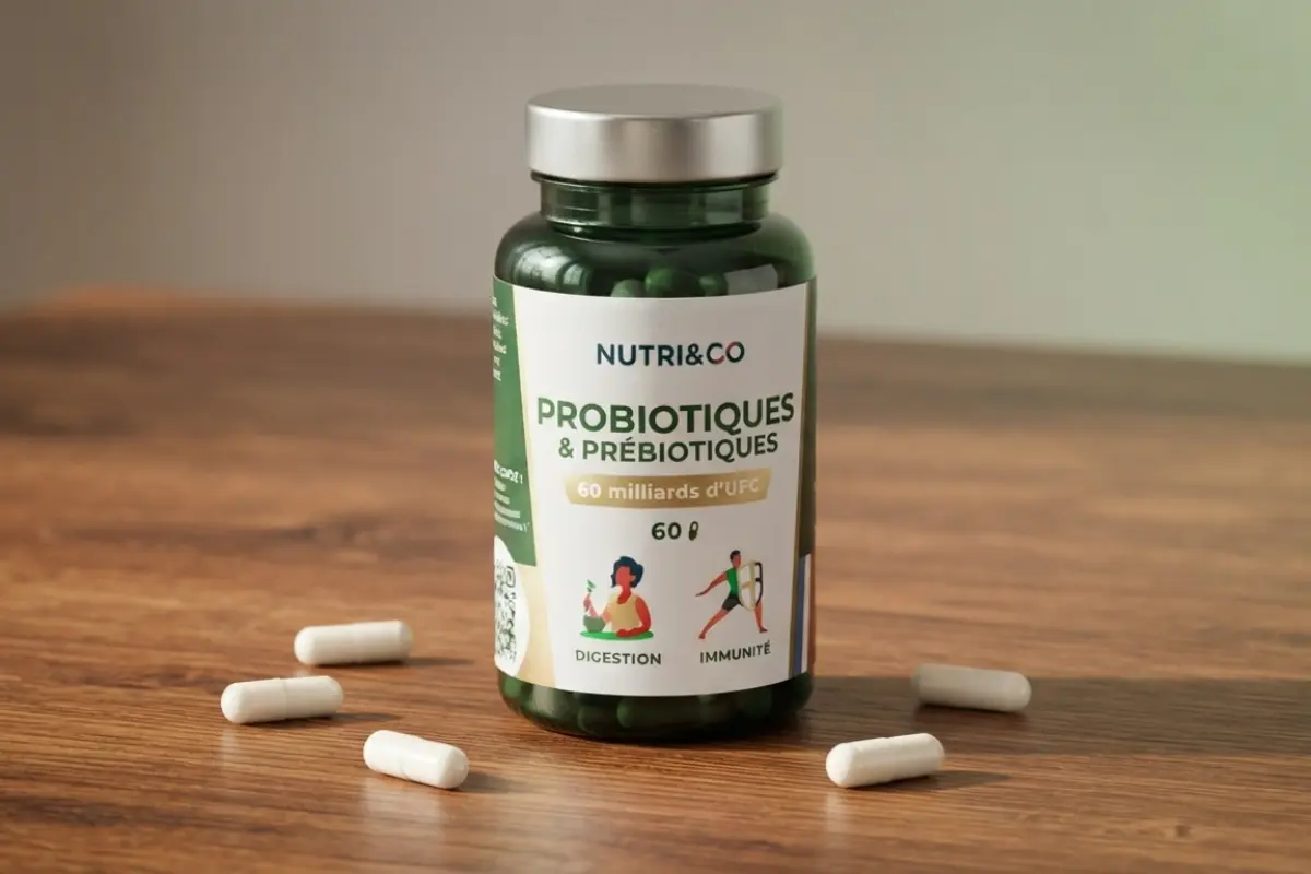 Flacon de probiotiques et prébiotiques Nutri&Co sur une table en bois, entouré de gélules pour le confort digestif et l'immunité.