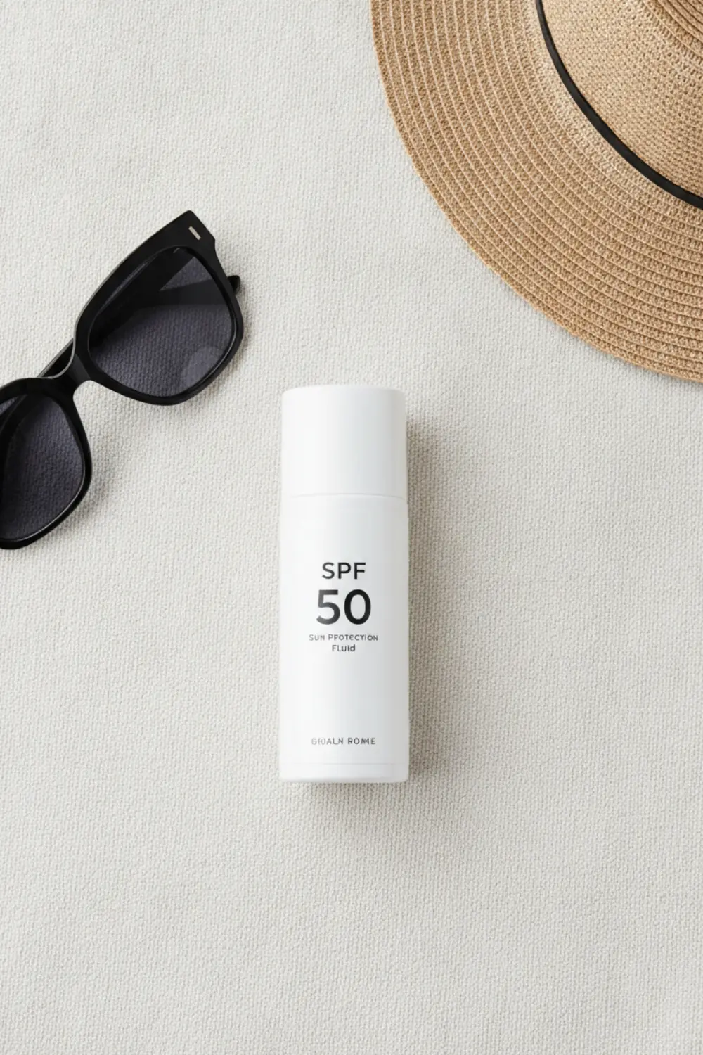 Peau mature et soleil : crèmes, compléments ou autobronzant – notre sélection pour un été lumineux 3 Crème solaire indice 50, chapeau et lunettes de soleil sur une serviette de plage.