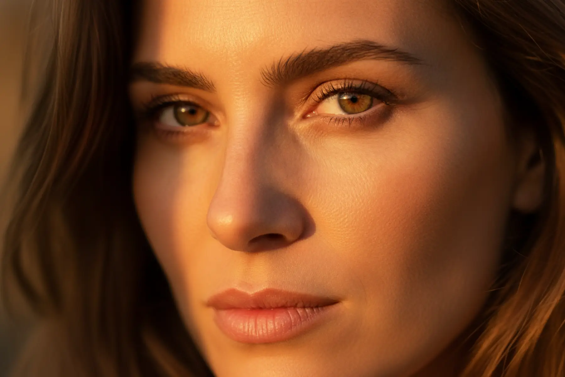 Obtenez un beau regard après 40 ans avec les bons gestes. 1 Portrait d’une femme de 48 ans au regard lumineux et sourcils naturellement dessinés, lumière rasante dorée