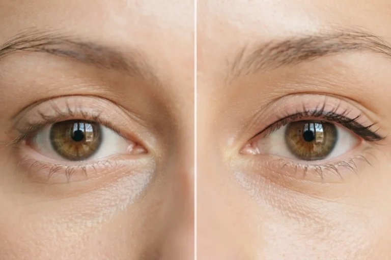 Regard épuré : le maquillage semi-permanent des yeux, une évidence après 40 ans 11 Avant et après un ras de cils semi-permanent : le même œil féminin, à gauche sans maquillage, à droite avec un trait ultra-fin qui ouvre le regard.