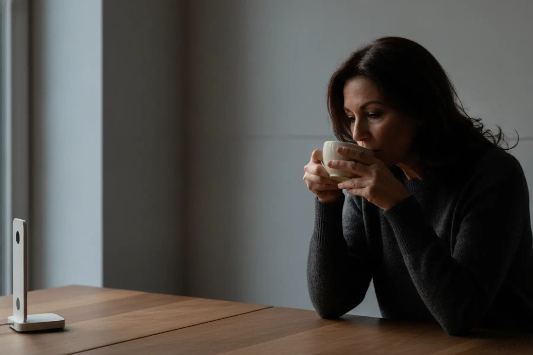 Luminothérapie : le protocole pour dissiper la fatigue hivernale 1 Femme d’une cinquantaine d’années assise près d’une fenêtre, buvant son café après une séance de luminothérapie matinale. Lumière froide sculptant son visage.