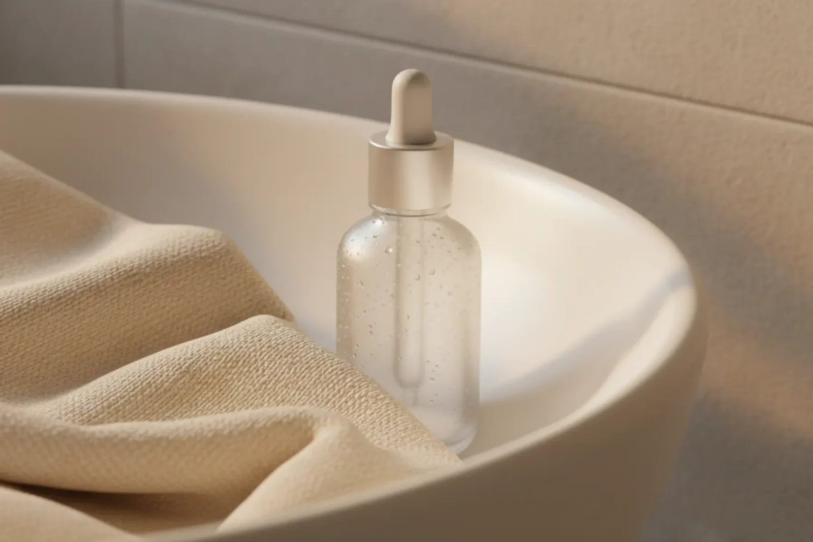 Quelle routine beauté pour le visage après 40 ans ? Nos conseils tout en douceur 3 Lavabo blanc avec serviette en lin froissée et flacon en verre brumeux, lumière rasante matinale pour une routine beauté visage.