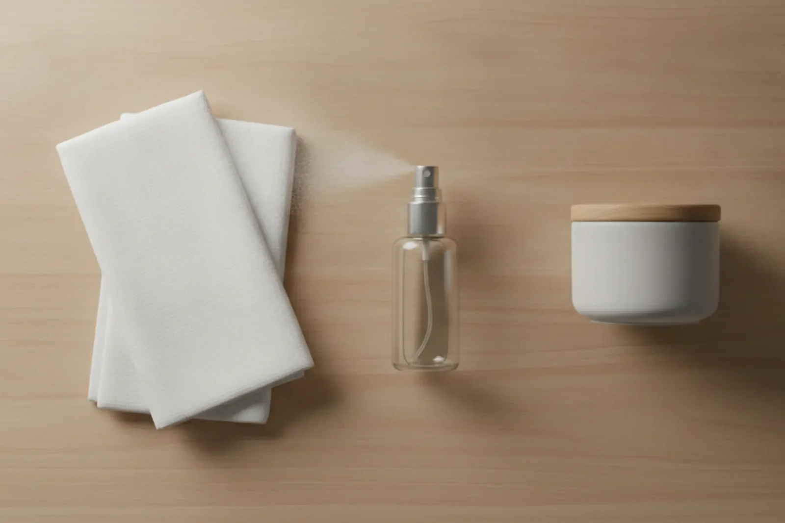 Pourquoi l’hydratation naturelle est le secret d’une maturité sereine après 40 ans 4 Gant de toilette blanc, vaporisateur en verre et pot de crème en céramique disposés pour une routine d'hydratation naturelle en trois étapes.