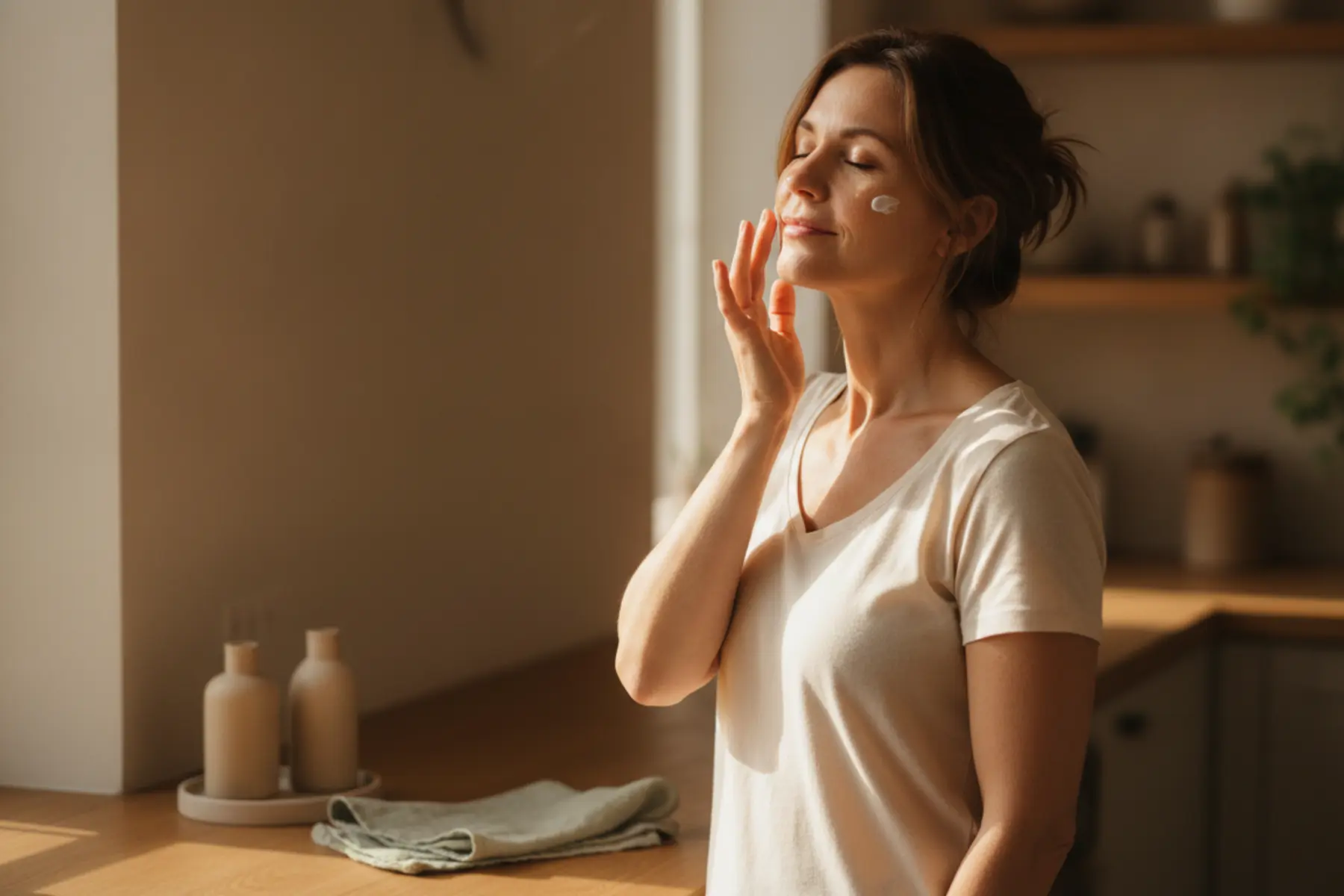 Pourquoi l’hydratation naturelle est le secret d’une maturité sereine après 40 ans 1 Femme de 40 ans appliquant une crème hydratante naturelle sur sa joue, routine de soin matinale sereine dans une lumière chaude et naturelle.
