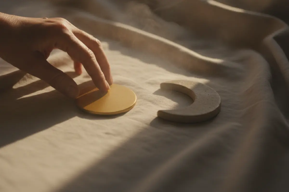 Schéma du rythme circadien avec soleil en bois doré et lune en céramique beige, tons naturels.