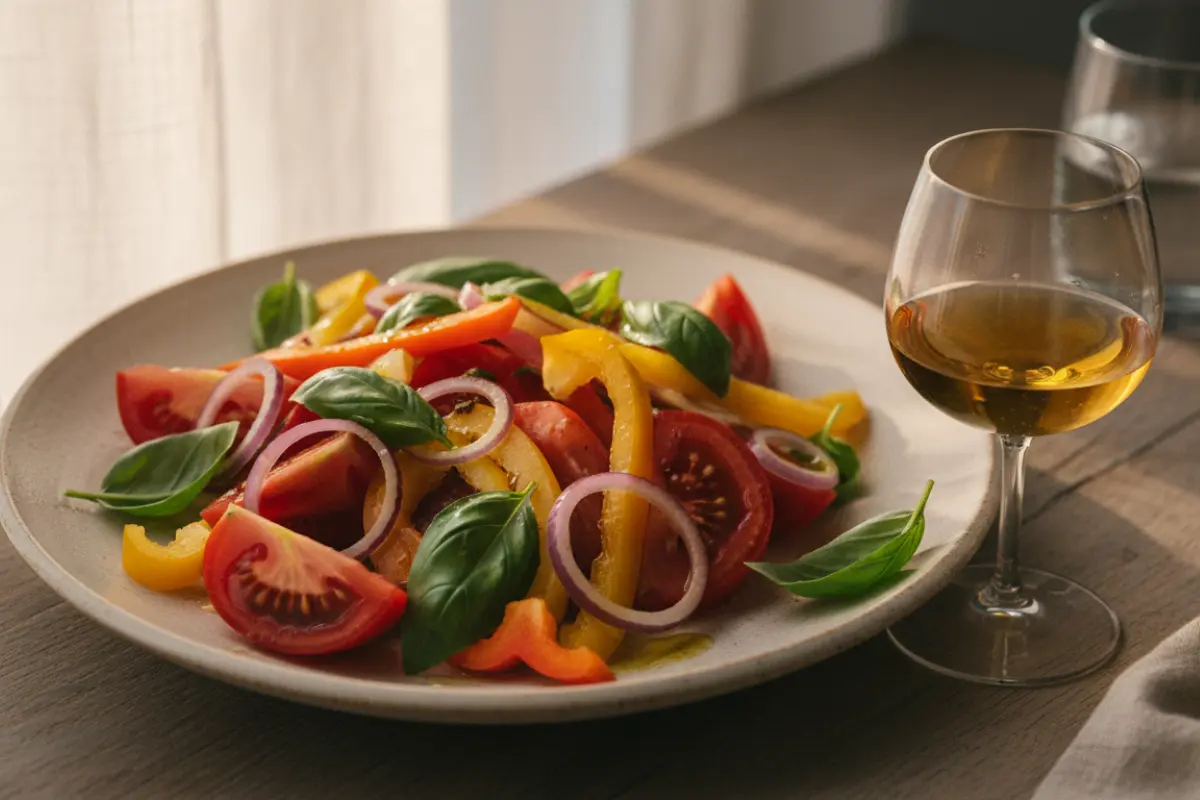 Salade composée de légumes du soleil et verre de Muscat, lumière chaude éditoriale
