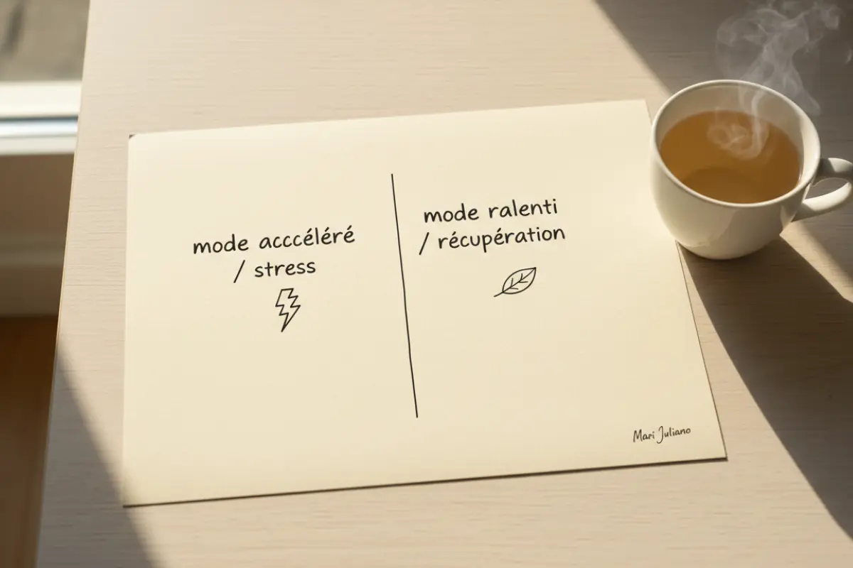 Slow living : pourquoi ralentir préserve votre santé après 40 ans 2 Schéma très simple du système nerveux sympathique et parasympathique, mode stress vs mode récupération