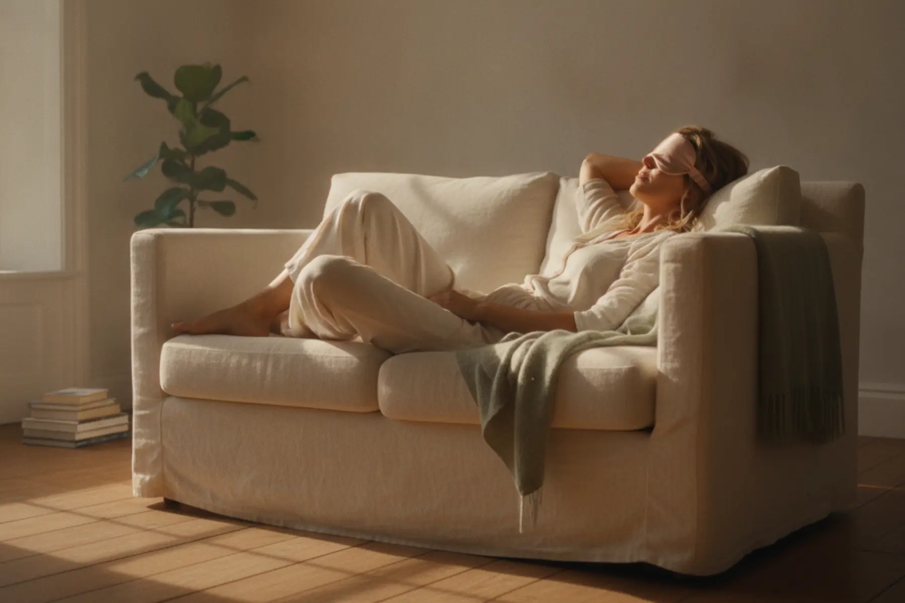 Femme blonde d’une quarantaine d’années faisant une micro-sieste réparatrice sur un canapé épuré, masque de sommeil en soie, lumière naturelle tamisée