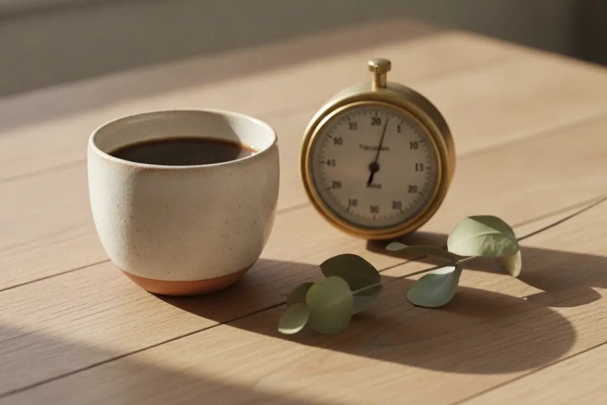 Tasse de café posée à côté d’un minuteur mécanique réglé sur vingt minutes pour une sieste caféinée