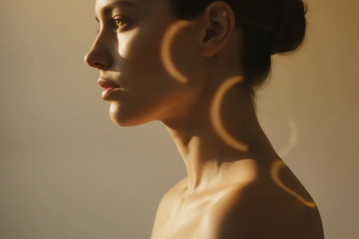 Irritation du cuir chevelu après 40 ans : les vraies causes et les gestes qui changent tout 3 Silhouette de femme de profil sur fond beige et or avec courbes et symboles hormonaux discrets