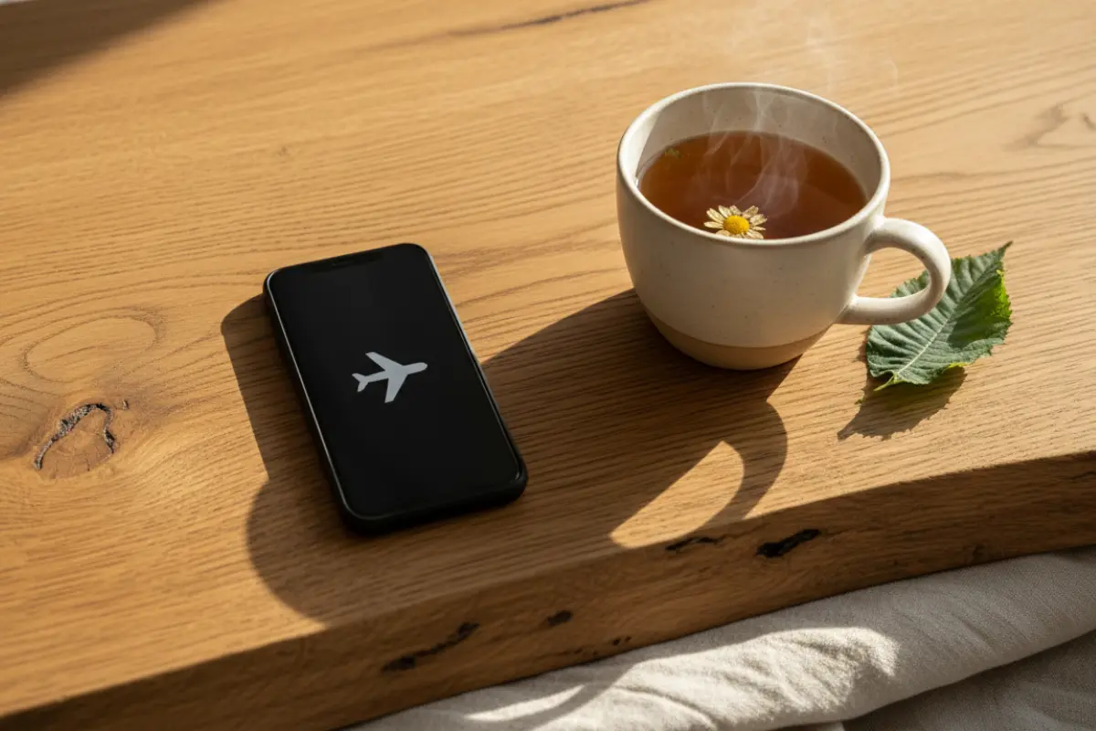 Slow living : pourquoi ralentir préserve votre santé après 40 ans 4 Smartphone en mode avion sur une table basse en bois, déconnexion numérique slow living