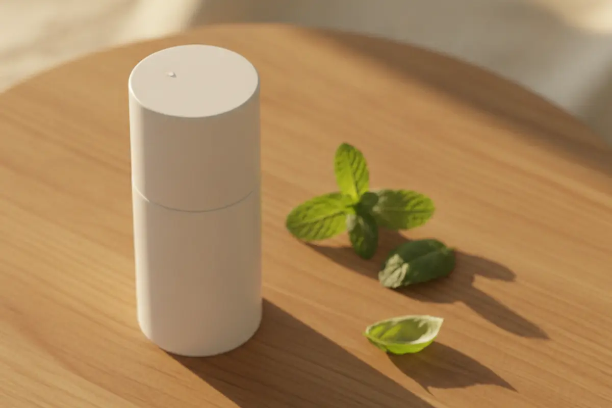 Flacon blanc soin détox visage posé sur bois avec feuilles de menthe et basilic lumière dorée