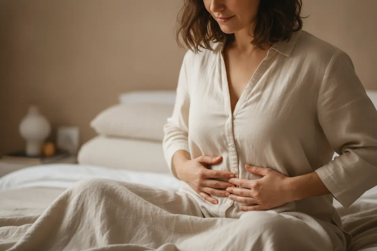 La présence : ce qui se joue lors d’une séance de sophrologie 4 Femme sereine chez elle, les mains sur le ventre, pratiquant un exercice de sophrologie en autonomie.