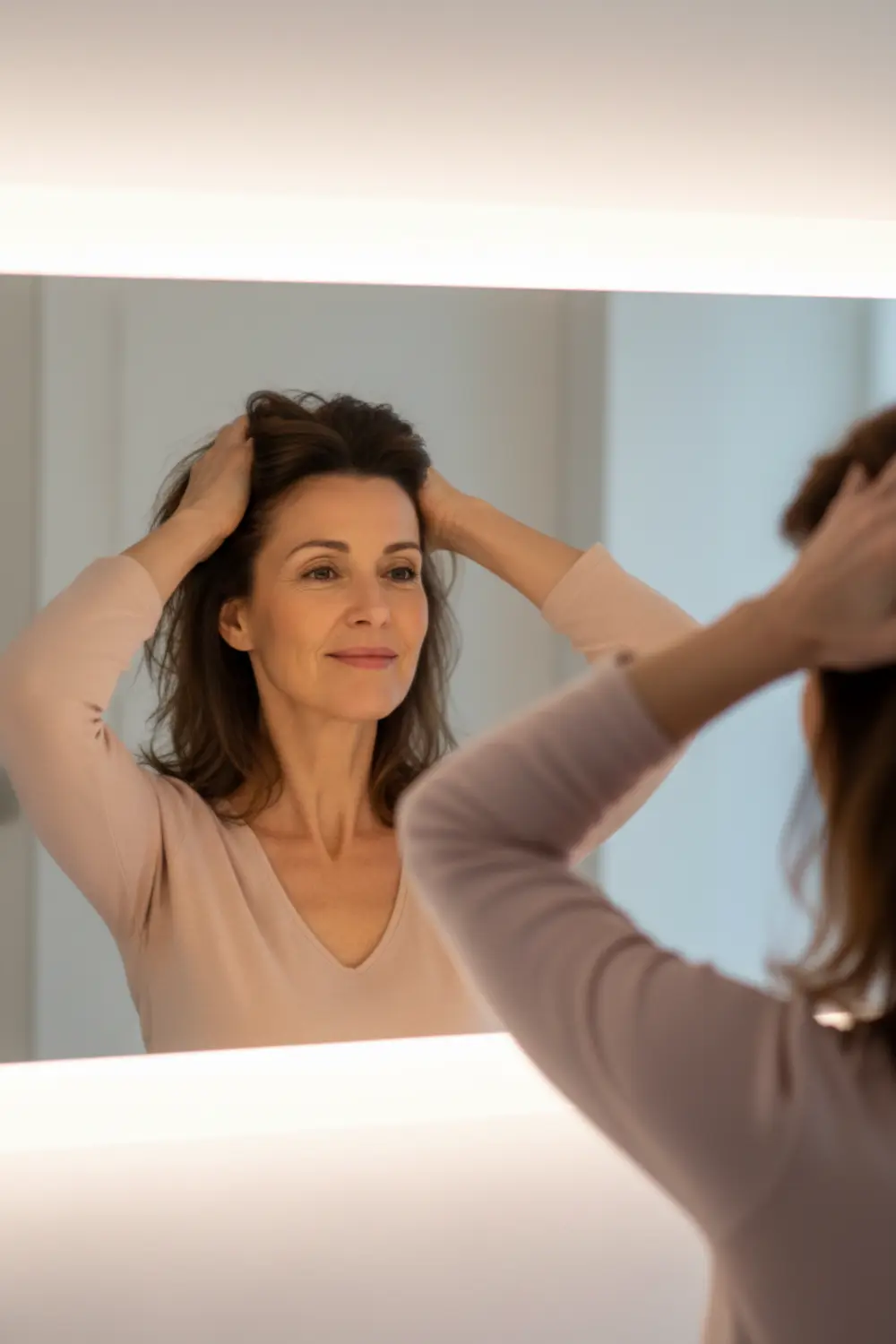 Retrouver un teint lumineux : les clés d'une peau rayonnante après 40 ans 4 Femme de 50 ans souriant dans un miroir de salle de bain, cheveux relevés avec les mains
