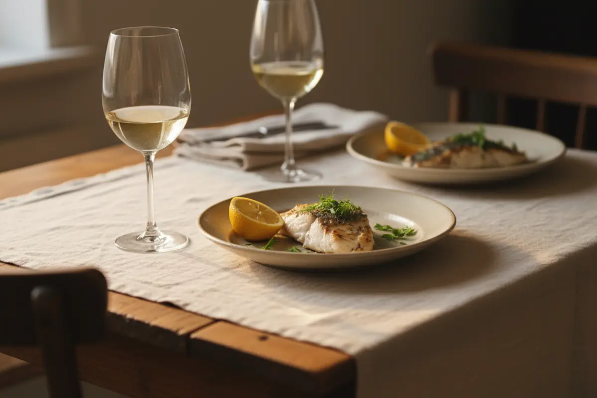 Table dressée avec verre de vin blanc et poisson grillé, lumière naturelle chaude